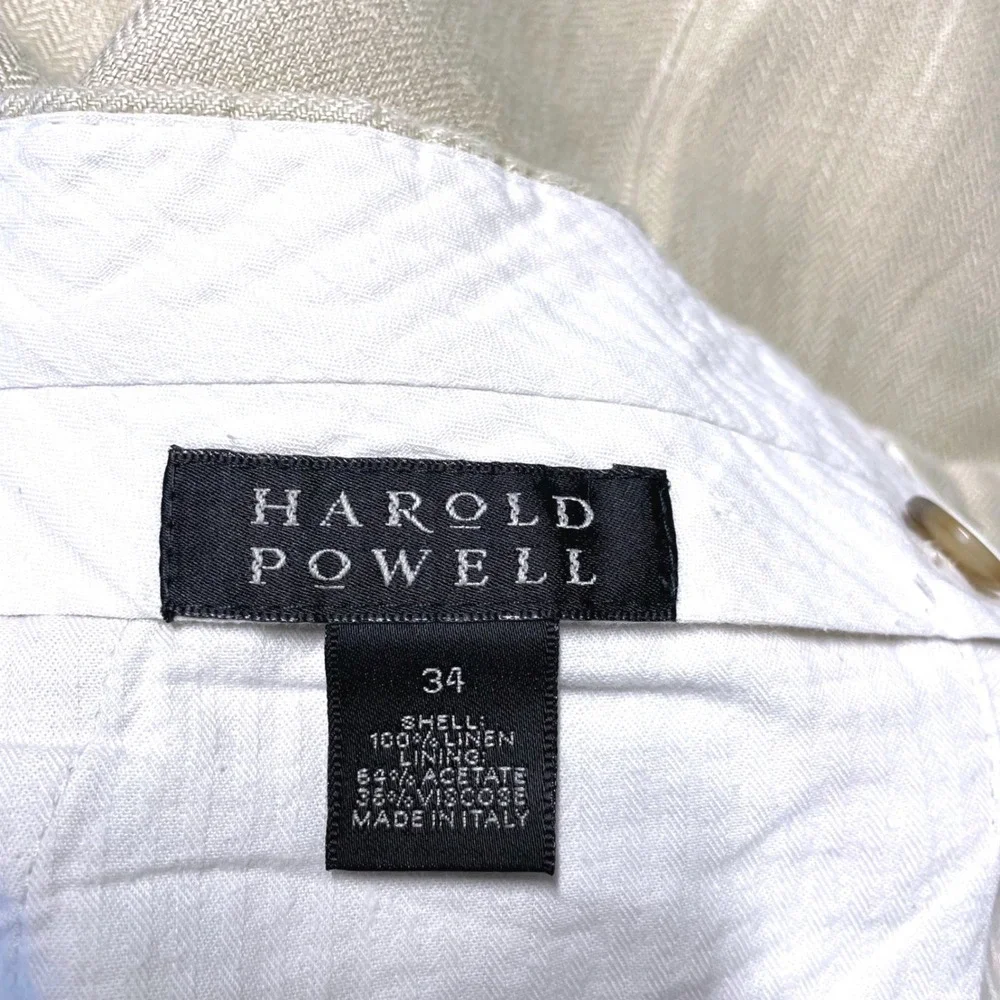 Harold Powell Mens 33x28 Beige 100% Linen Herringbone Pleated Cuffed Pants Italy